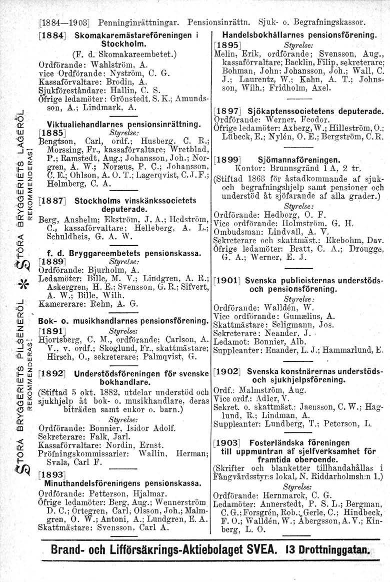 J1884-1903J Penninginättninga. Pensionsinättn. Sjuk- o. Begafningskasso. [1884J Skomakaemästaeföeningen HandelsbokhåHanes pensionsföening. Stockholm. [1895J (F. d. Skomakaeembetet.