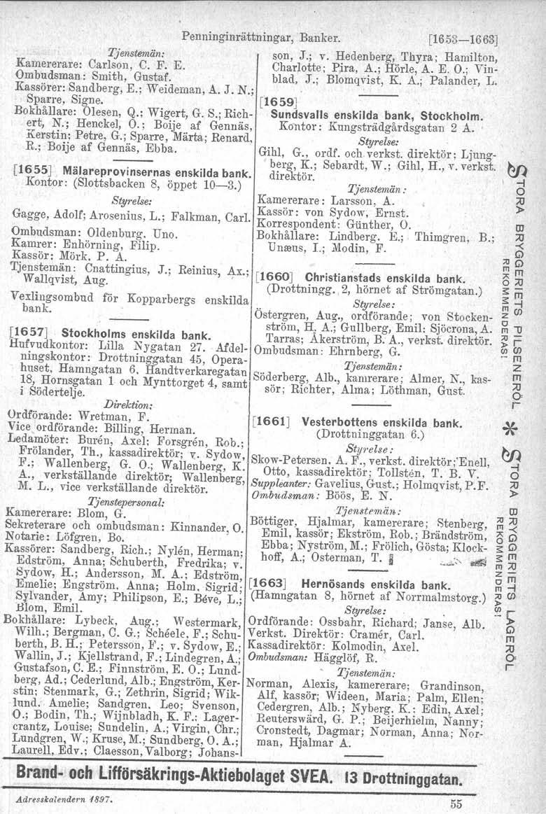 , [1655J, Mälaepovinsenas enskilda bank. Konto: (Slottsbacken 8, öppet 10-3.) Gagge, Adolf; Aosenius, L.; Falkman, Cal. mbudsman: ldenbug. Uno. Kame: Enhöning, Filip. Kassö: Mök. P. A. Tjenstemän: Cnattingius, J.