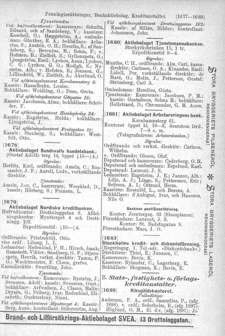 Penninginättninga, Bankaktiebolag, Keditanstalte. [1677-1689J Tjenstemän: Vid afdelningskontoet Dottn'inggatan 102: Vid 7tufvudhontoet: kaneeae.