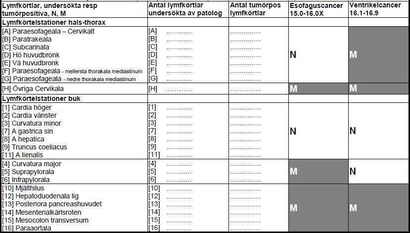 Lymfkörtlar Välj undersökta lymfkörtlar Ange lymfkörtelstationer och därefter Antal lymfkörtlar undersökta av patolog och Antal tumörpositiva lymfkörtlar för varje station.