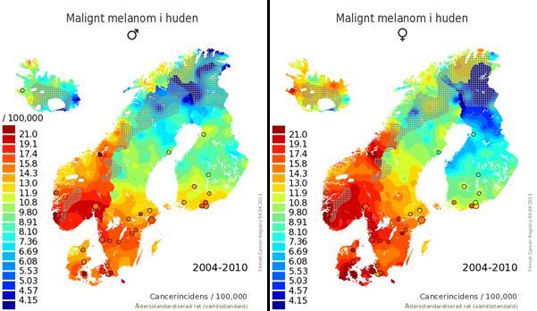 Figur 2. Kartor över incidens för melanom uppdelat på män och kvinnor. 3.1.1. Ålder Medianåldern för melanomdiagnos år 2015 var 63,5 år hos kvinnor och 68 år hos män (6).