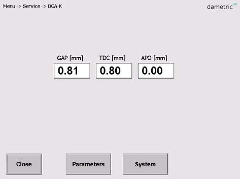 1 DCA Disc Clearance Amp. Parameters Här kan man ändra parametrar som tillhör mätfunktionen i DCA.