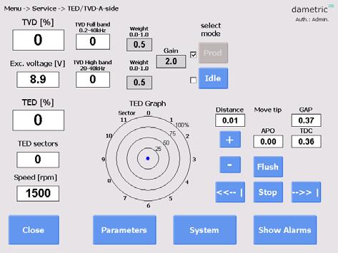 -->> Knapp för att köra mätspetsen vald sträcka mot rotorn. Stop! Stoppar körning. Distance - Step motor distance Funktion för att välja körsträcka.