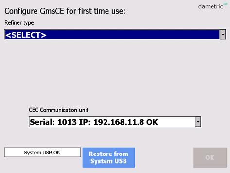 8 Uppstart av systemet 8.1 Uppstart av GmsCE för första gången Första gången programmet startas visas ett fönster där man väljer CEC-DM1 samt vilken typ av raffinör man använder.