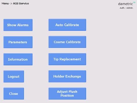 5 PROGRAMFUNKTIONER Programfunktionerna är uppdelade i följande huvudgrupper. 5.1 Menybild AGS Service Under denna funktion finns auto- samt grovkalibrering av AGS-givarna.