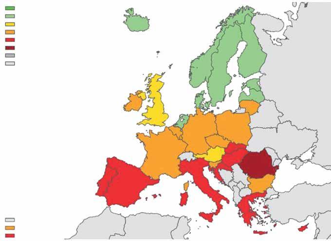 Figur 2. Fördelningen av andelen MRSA av totala antalet Staphylococcus aureus i blododlingar i Europa 2016 (8).