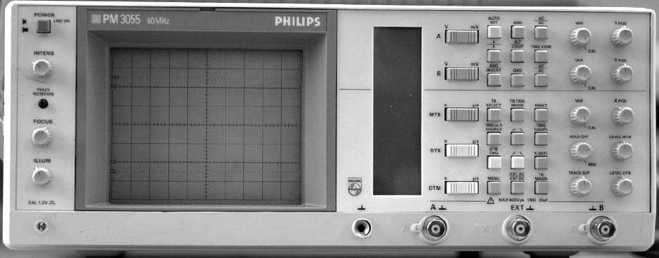 Oscilloskop Figur 6. Oscilloskop Med ett oscilloskop, figur 6, så kan vi mäta hur en signal varierar över tiden.
