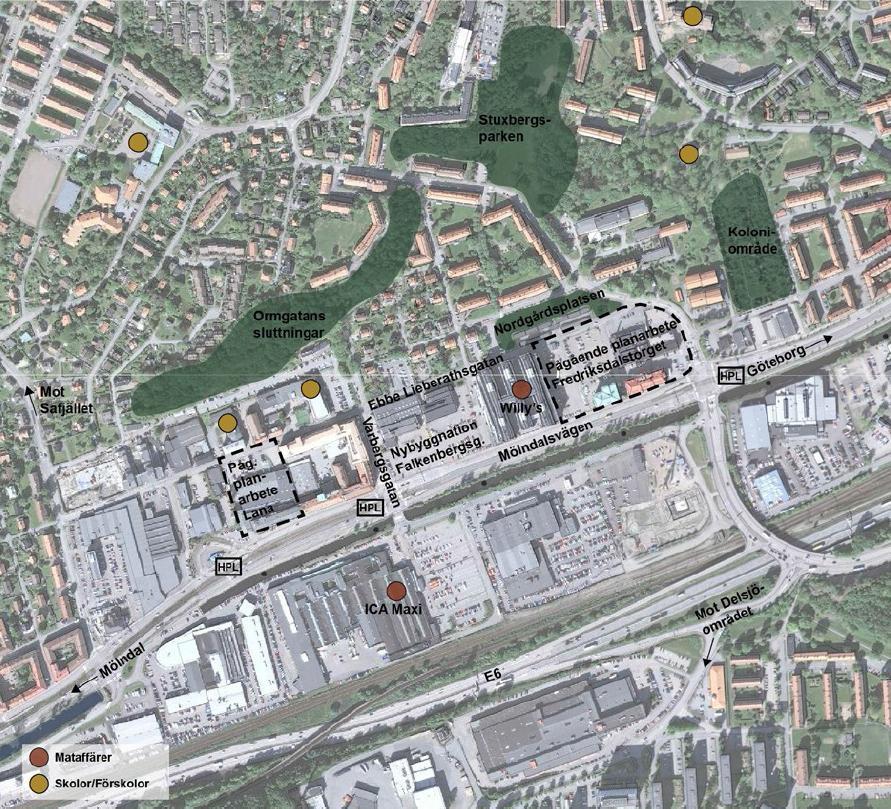 Bedömning av områdets ljudnivåer, ljudbild, och ljudmiljöer Planområdet ligger i ett trafikintensivt stråk med flera större vägar så som E6 och Mölndalsvägen samt järnvägssträckorna Västkustbanan och
