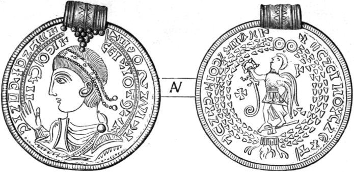 70 OSCAR MONTELIUS. Fig. 154 visar en sådan i Norge funnen romersk guldmedaljong, som bär den under åren 364 375 regerande kejsaren Valentinianus lis namn.