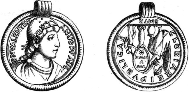 154. Romersk guldmedaljong. Vestre Hane, Norge. Vt. Fig. 155. Barbarisk efterbildning af en romersk guldmedaljong. Lilla Jored, Bohuslän. */i.