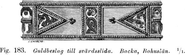 På de till denna grupp hörande brakteaterna ses så godt som aldrig runor. Fig. 182. Del af guldhalssmycke. Möne, Vestergötland. 1/i.