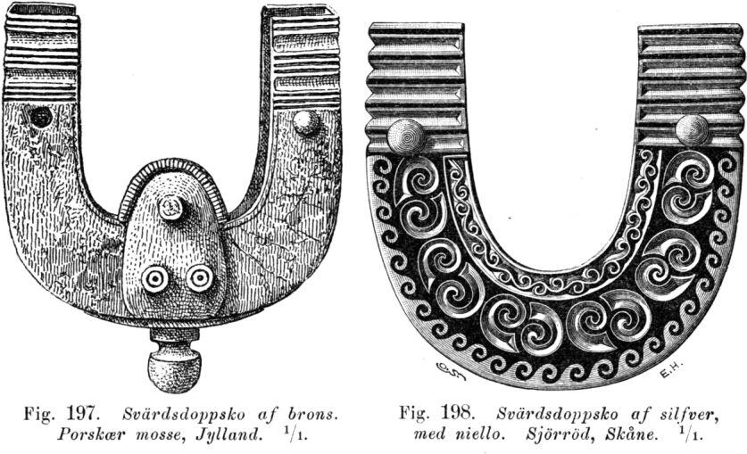 197, slutar nedtill i en knopp, som är alldeles lik dem på de äldre korsformiga spännena (fig. 126); denna doppsko är, liksom originalet till tig.
