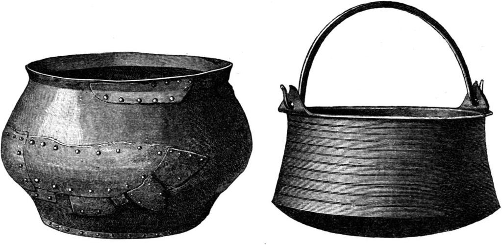 Fig. 199. Bronsfat. Blind heim, Norge. Vé. Fig. 200. Bronskittel. San, Norge. 1/ö. Fig. 201. Bronskittel. Hauge, Norge noden; i flera grafvar äro de nämligen funna tillsammans med vapen af»utvecklade Nydamstyper».