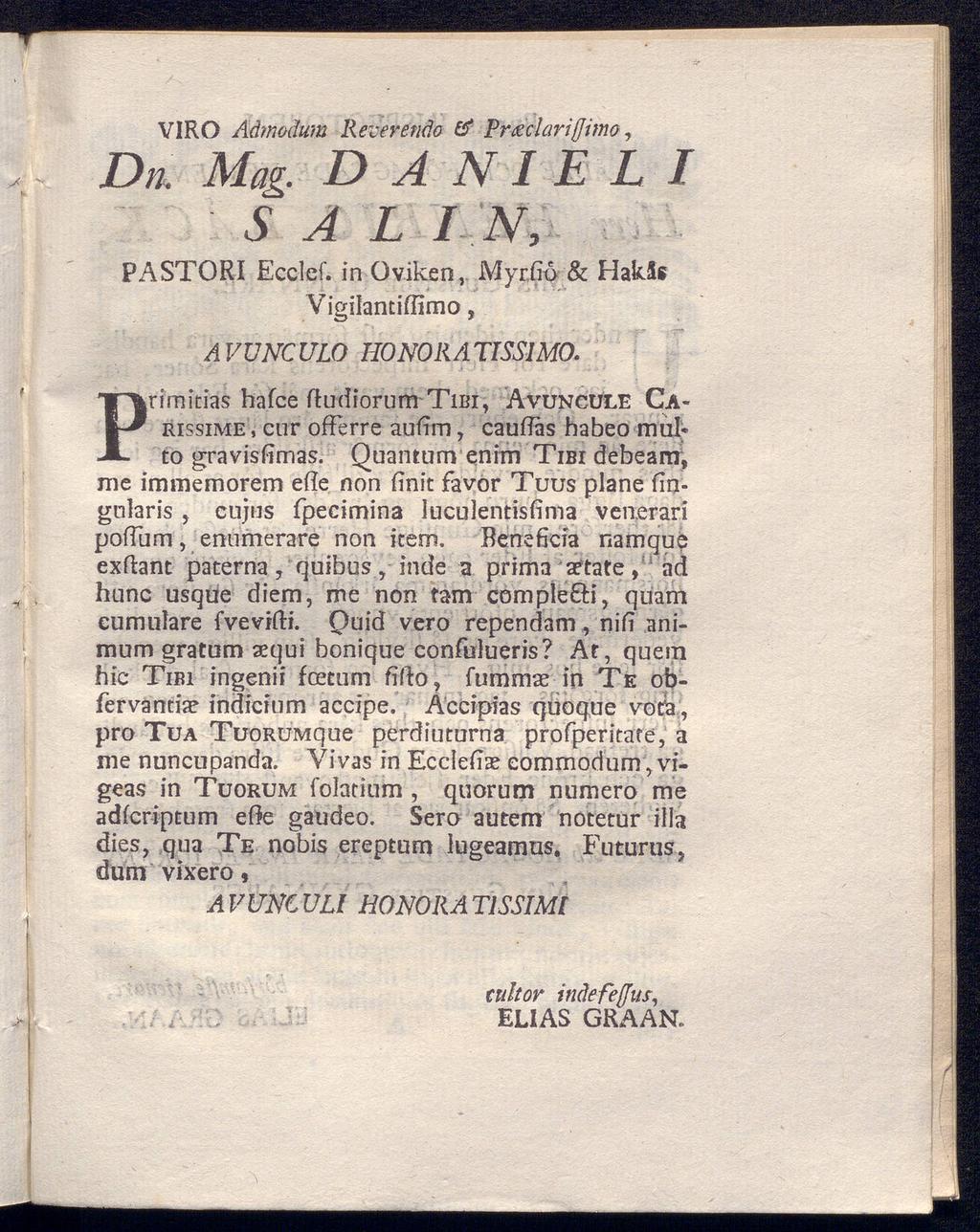 VIRO Aåmoäum Reveretiåo & Fraciarifjima, Dn. Mag. DANIEL I SAL IN, PASTORI Ecclef.