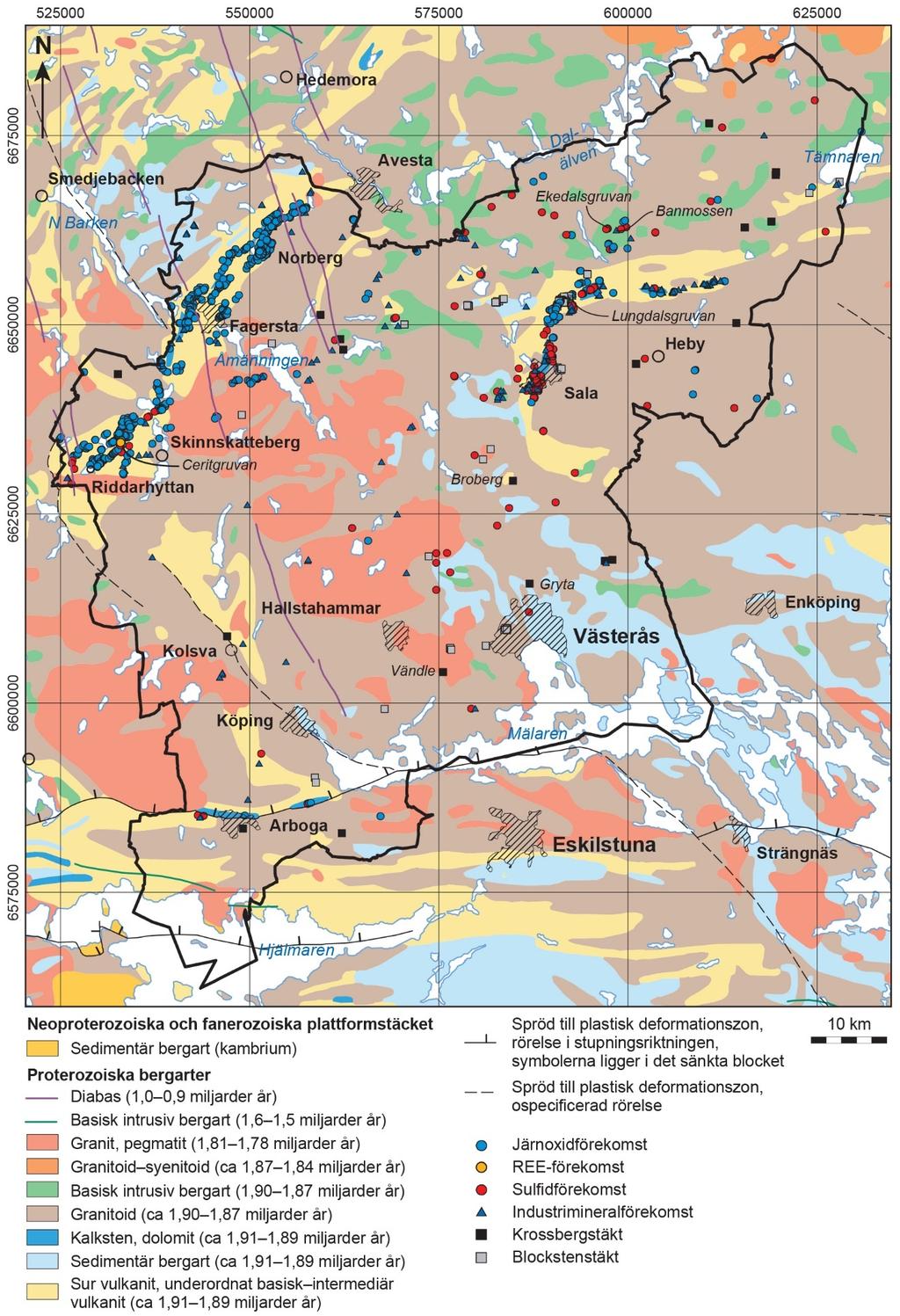 Figur 2. Berggrundsgeologisk karta över Västmanlands län med omgivning (modifierad från 1:M berggrundsgeologisk kartdatabas och Mineralresursdatabasen, SGU).