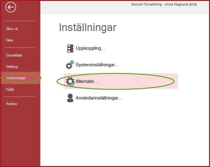 dessa. Man når inställningarna i huvudmenyn under Inställningar -> Alternativ, enligt nedan.