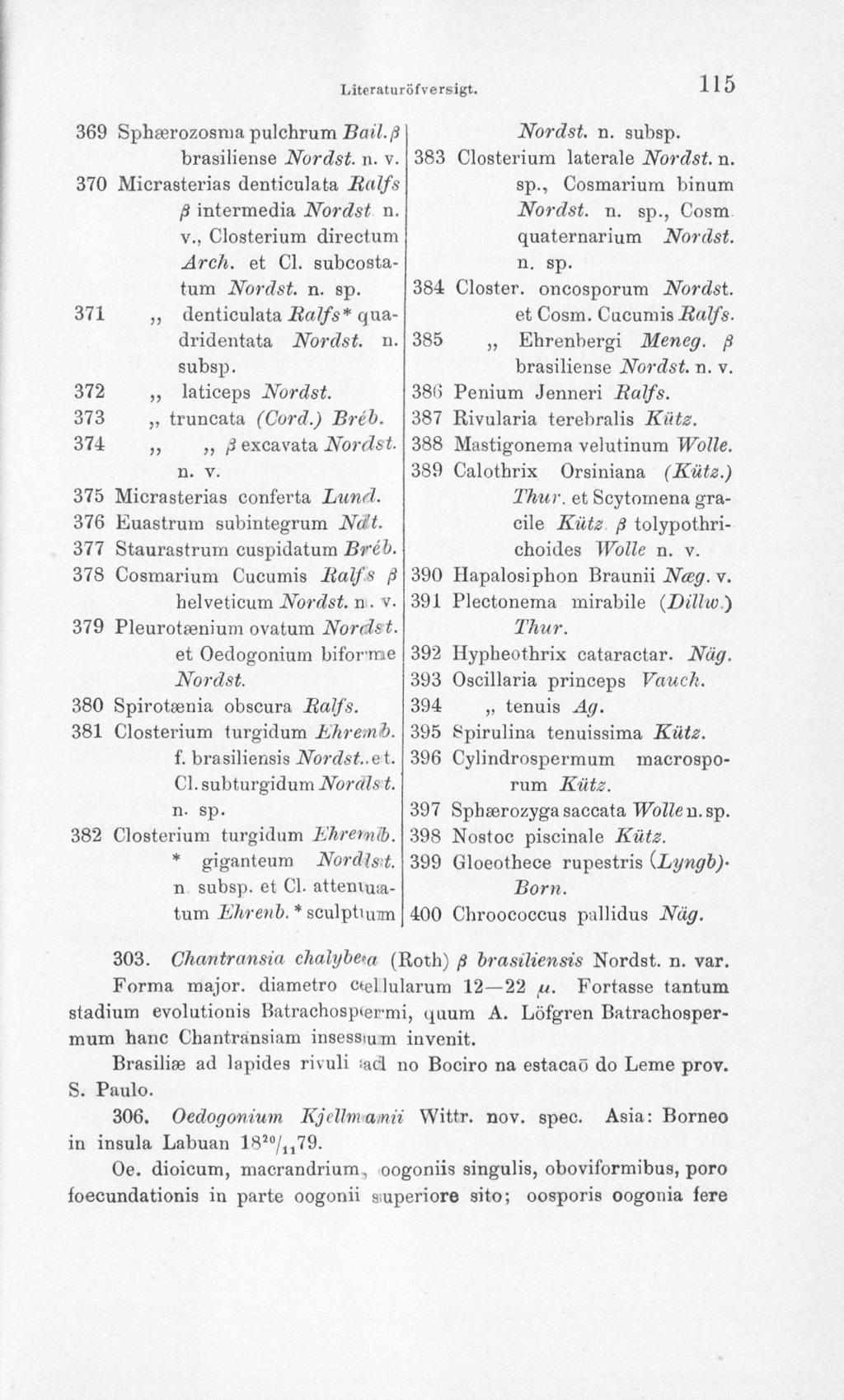 369 Sphserozosma pulchrum Bail.ft brasiliense Nordst. n. v. 370 Micrasterias denticulata Malfs ft intermedia Nordst n. v., Closterium directum 371 Arch, et CI. subcostatum Nordst. n. sp.
