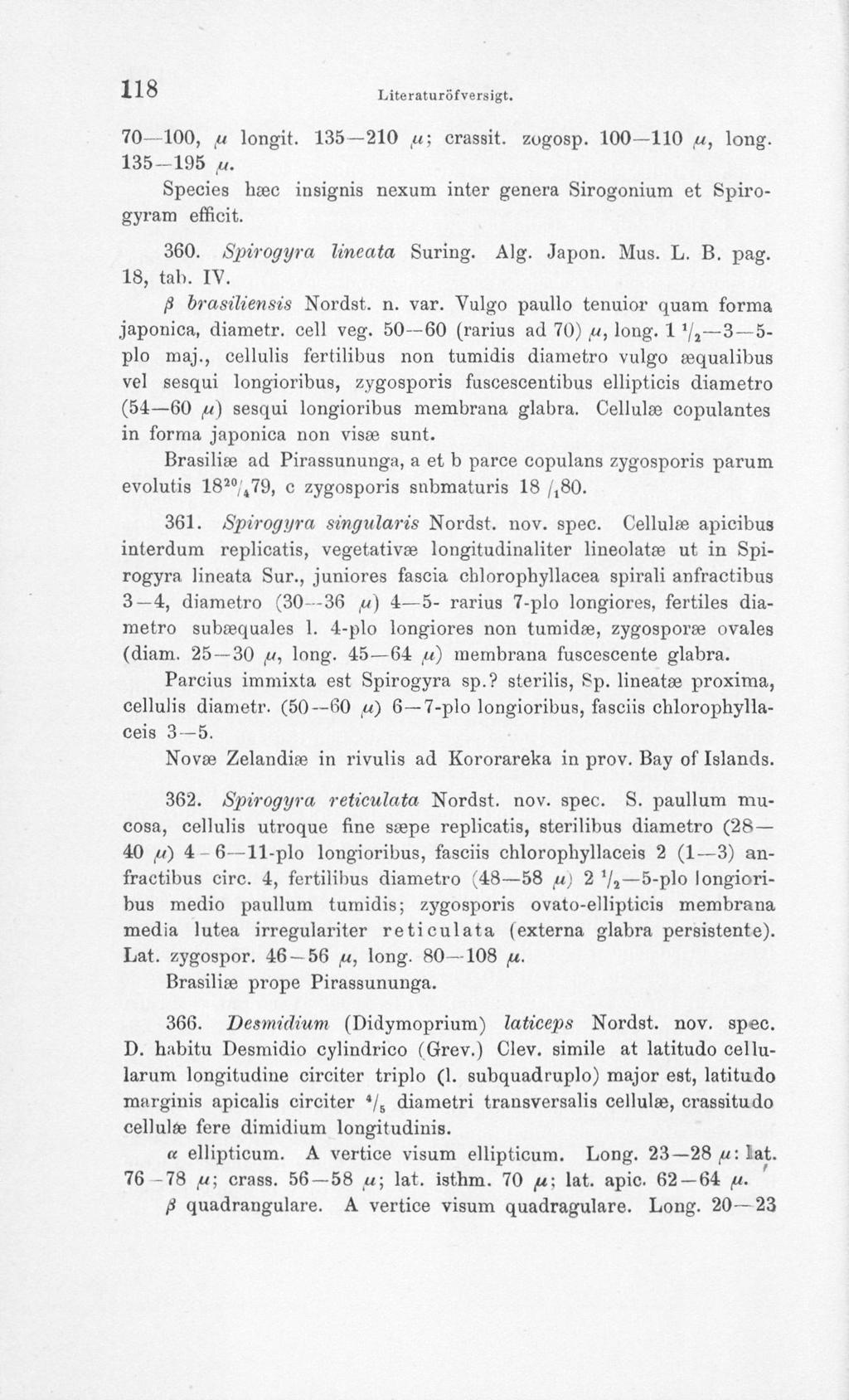 118 Literaturöfversigt. 70 100, ft longit. 135-210 ft; crassit. zogosp. 100 110 u, long. 135-195 ft. Species hasc insignis nexum inter genera Sirogoniura et Spirogyram efficit. 360.