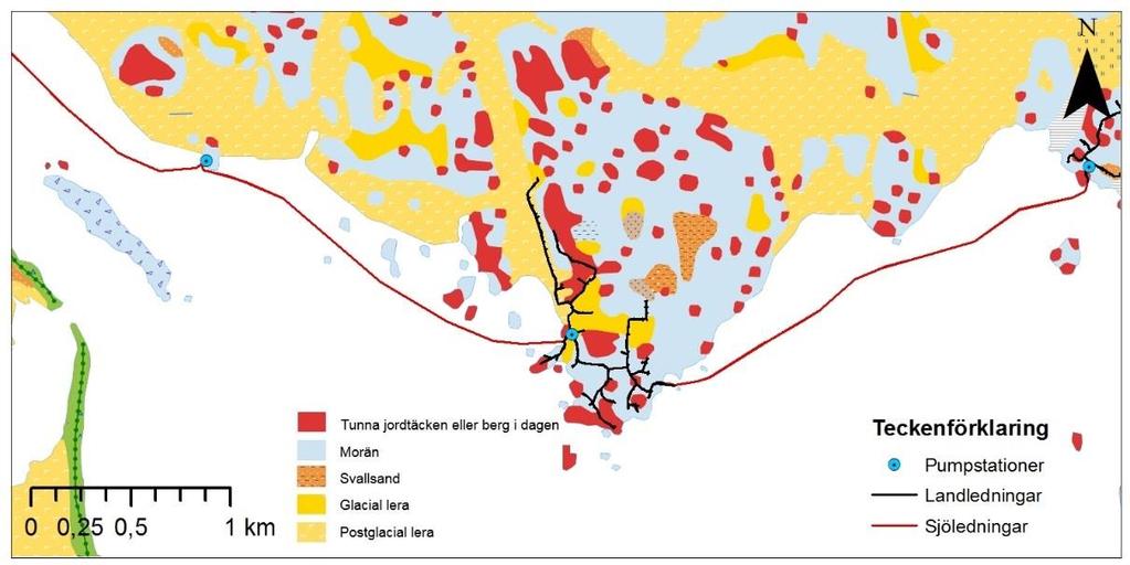 Figur 4. Jordartskarta över området med pumpstation 2 och 3. (Landledningarna är schematiska.
