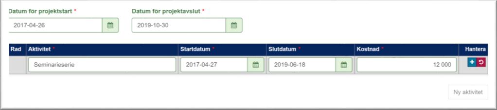 Fliken Tid- och aktivitetsplan. Under denna flik sätts datum för projektets start och slut.