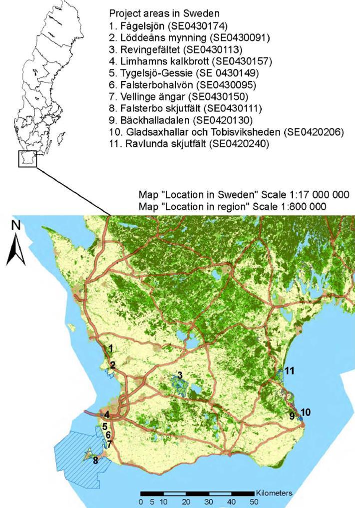 Figur 1. Lokalisering av de 11 svenska Natura-2000 områden som ingår i SemiAquaticLife Recreating habitat complexity for semi-aquatic fauna.