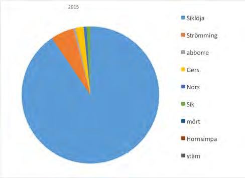 Aqua reports 2018:3 procent siklöja i fångsterna, 6 procent strömming, dryga 1 procent av vardera gers, abborre, nors och sik (Figur 2.5.8 ). Figur 2.5.8. Fångssammansättning i procent i fisket med bottentrål efter siklöja för åren 2013-2015.