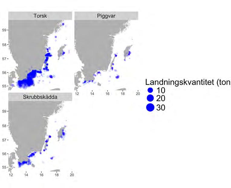 Figur 2.7.10. Utbredning av fiskeplatser (rapporterade landningar) för de tre ekonomiskt mest betydelsefulla arterna i fisket efter torsk med passiva redskap i Östersjön 2015.
