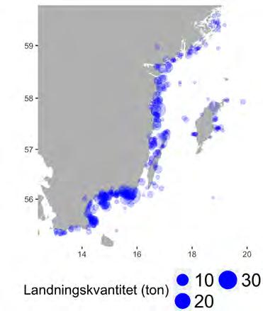 Aqua reports 2018:3 med garn, ryssjor och landvad i svenska kustvattenområden och utmed kusterna kring Öland och Gotland (Figur 2.9.1 a).