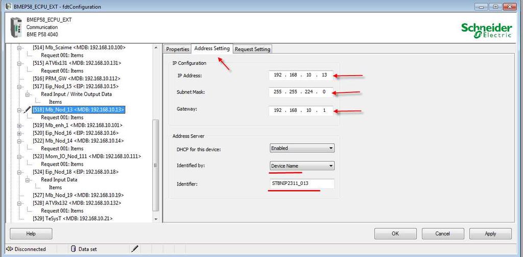 Välj flik Address settings. Skriv in nodens ip-adress, subnet och eventuell gateway.