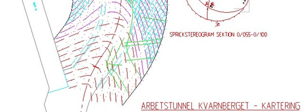 Blåmarkerat utgör en sprickzon, gröna linjer sprickor med fyllning och rosa linjer sprickor utan