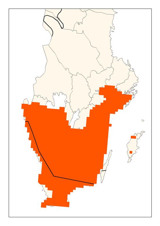 Figur 1. Svenskt utbredningsområde (till vänster) och förekomstareal (till höger). Förekomstkartan visar vilka ETRS-rutor som innehåller någon areal 9190.