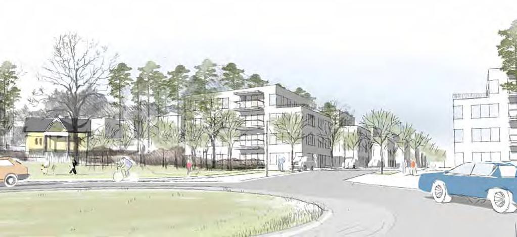 Den nya stadsdelens entré sedd ifrån söder med