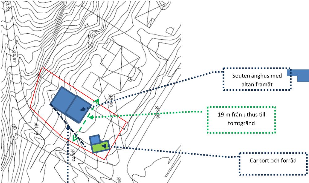 Figur 2. Planritning med planerat hus i norr markerat (Underlag G.) 2 Underlag för beräkningar Följande underlag har använts som ingångsdata till beräkningarna A. Lycke-Ryr 2-6 mm.