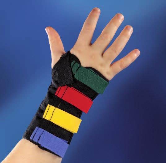 Bandaget har fyra kardborrknäppningar på dorsalsidan samt justerbart tumgrepp. Levereras med en dynamisk plastskena. Latexfri.
