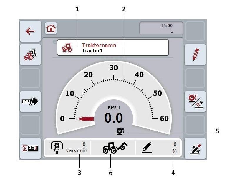 CCI.TECU Manövrering 4.2 Huvudfönster Huvudfönster för CCI.TECU innehåller följande information: 1. den aktuella traktorns namn 2. hastighetsindikering 3. indikering av kraftuttagets varvtal 4.