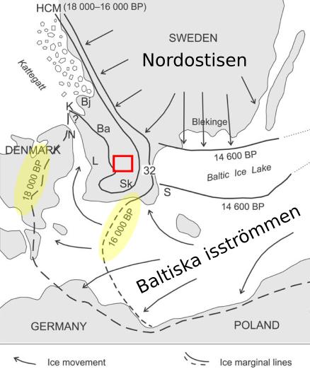 Då bestod den sydvästligaste delen av isskölden av två iskomponenter; huvudistäcket, som kom från NO via södra Sverige och ibland kallas Nordostisen, och den Baltiska isströmmen, som kom via