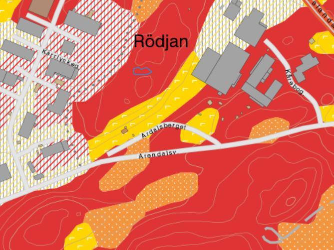 Figur 4: Enligt SGU:s jordartskarta underlagras planområdet av postglacial finlera (gult med pilar i riktning nordväst), sand (orange med vita prickar) och berg (röd).