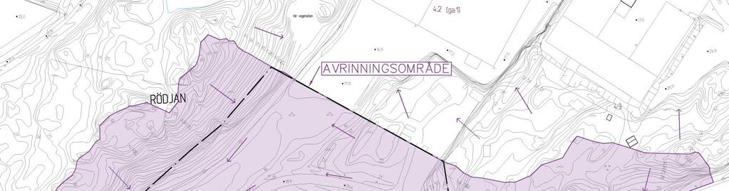 Figur 6: Avrinningsområde till utloppspunkten i planområdets sydvästligaste hörn. Se ritning i Bilaga 2. Planområdet markeras med svart linje.