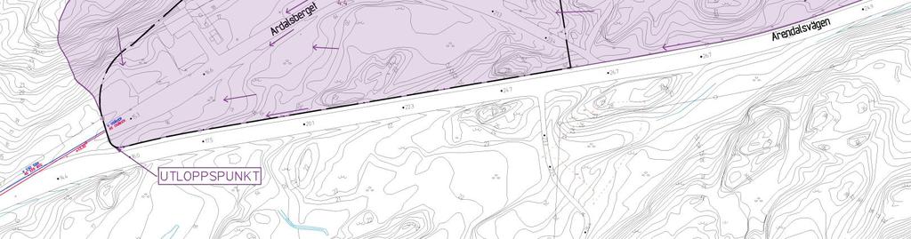 Från grönområdet mellan Ardalsberget och Arendalsvägen rinner dagvatten från +28,0 ned mot Ardalsberget.