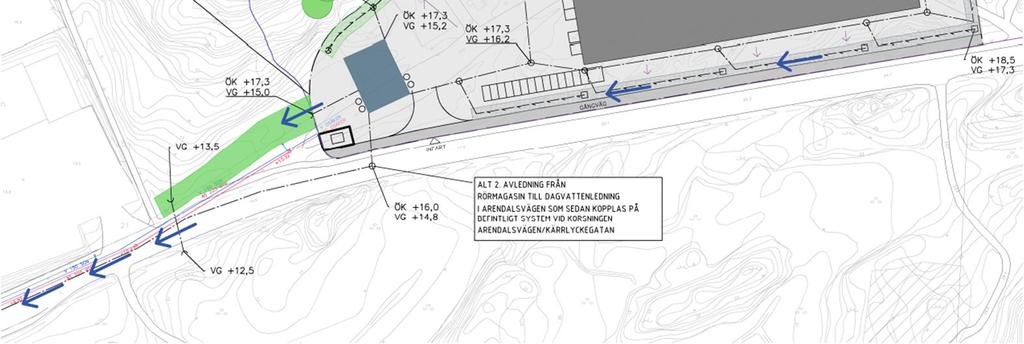 Kapaciteten i nedströmsliggande dagvattennät är begränsat och utöver den fördröjning som sker inom planområdet bör ytterligare 80 m 3 fördröjas, ett förslag ges i avsnitt 5.2.