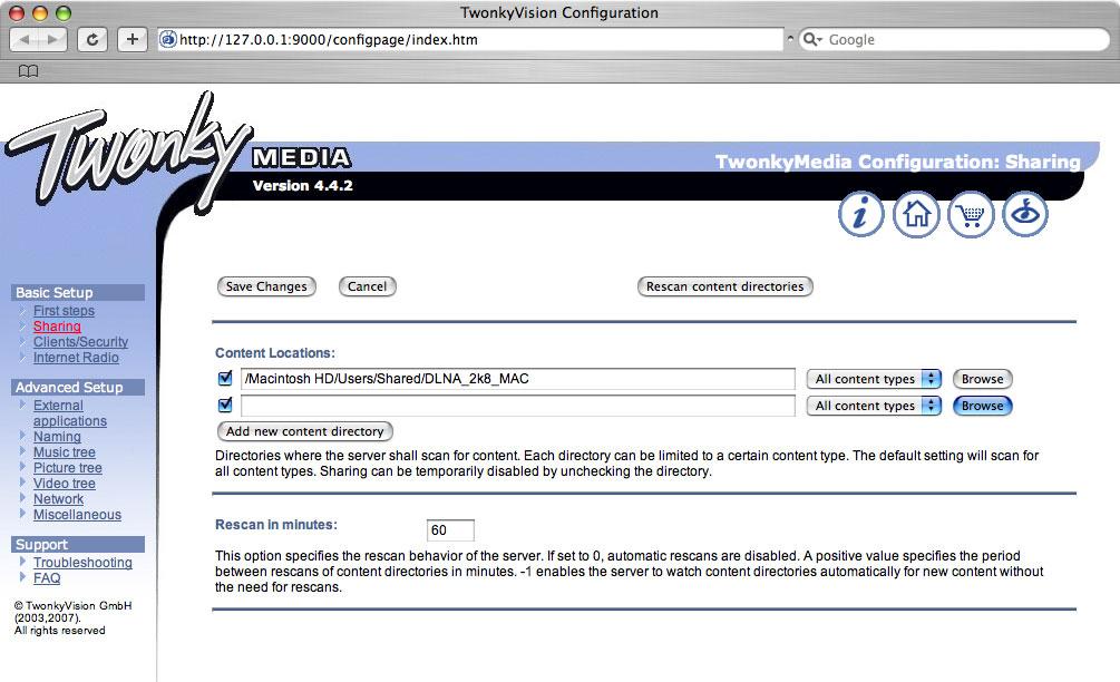 4.2 på Macintosh OS X Ställa in för nätverksdelning I Twonky Media klickar du på Basic Setup (Grundläggande inställning) > First steps (Första stegen).