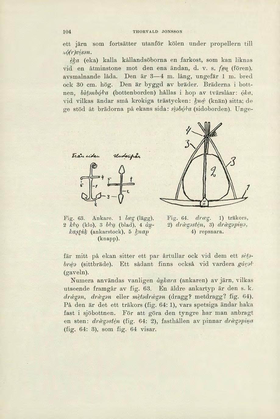 104 TEIORVALD JONSSON ett järn som fortsätter utanför kölen under propellern till 46(r)visan. bt a (eka) kalla kållandsöborna en farkost, som kan liknas vid en åtminstone mot den ena ändan, d. v. s. fon (fören), avsmalnande låda.