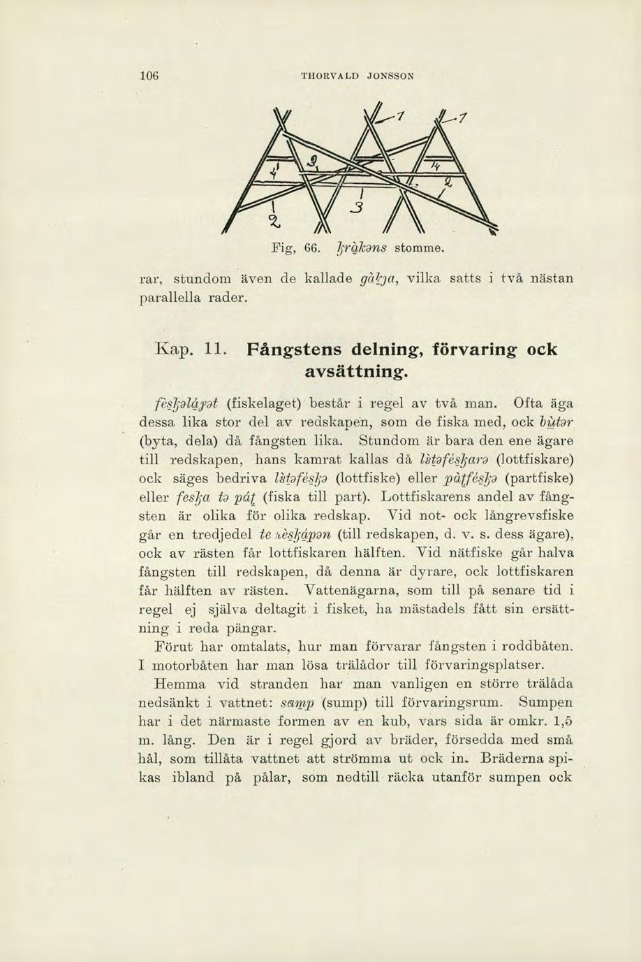 106 THORVALD JONSSON Fig, 66. b.riakans stomme. rar, stundom även de kallade geaga, vilka satts i två nästan parallella rader. Kap. 11. Fångstens delning, förvaring ock avsättning.