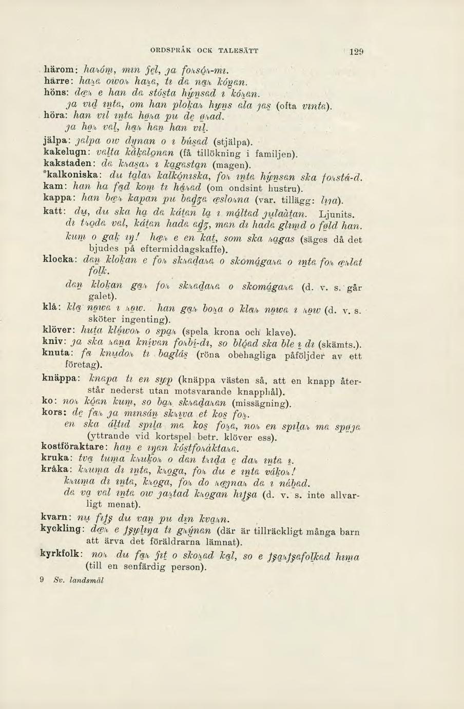 ORDSPRÅK OCK TALESÄTT 129 härom: hakörn, min fel, ya fons64-mi. hane: hata OW0h haka, tt da nak Uris. höns: dek e han da stösta hnsad i kökan. ja vid inta, om han plotak hyns ala 'as (ofta vin ta).