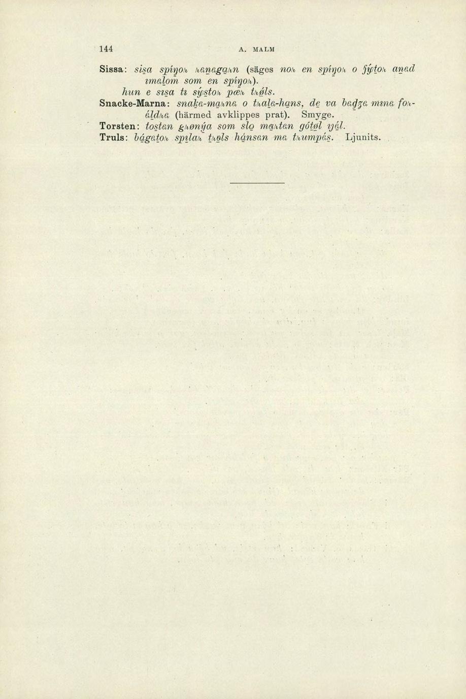 144 A. MALM Sissa: sisa spiyoh, hanagahn (säges noh en spiyoh o»tok anad zmalpm som en spiyoh). hun e sisa tt 4stoh, pceh thåls.