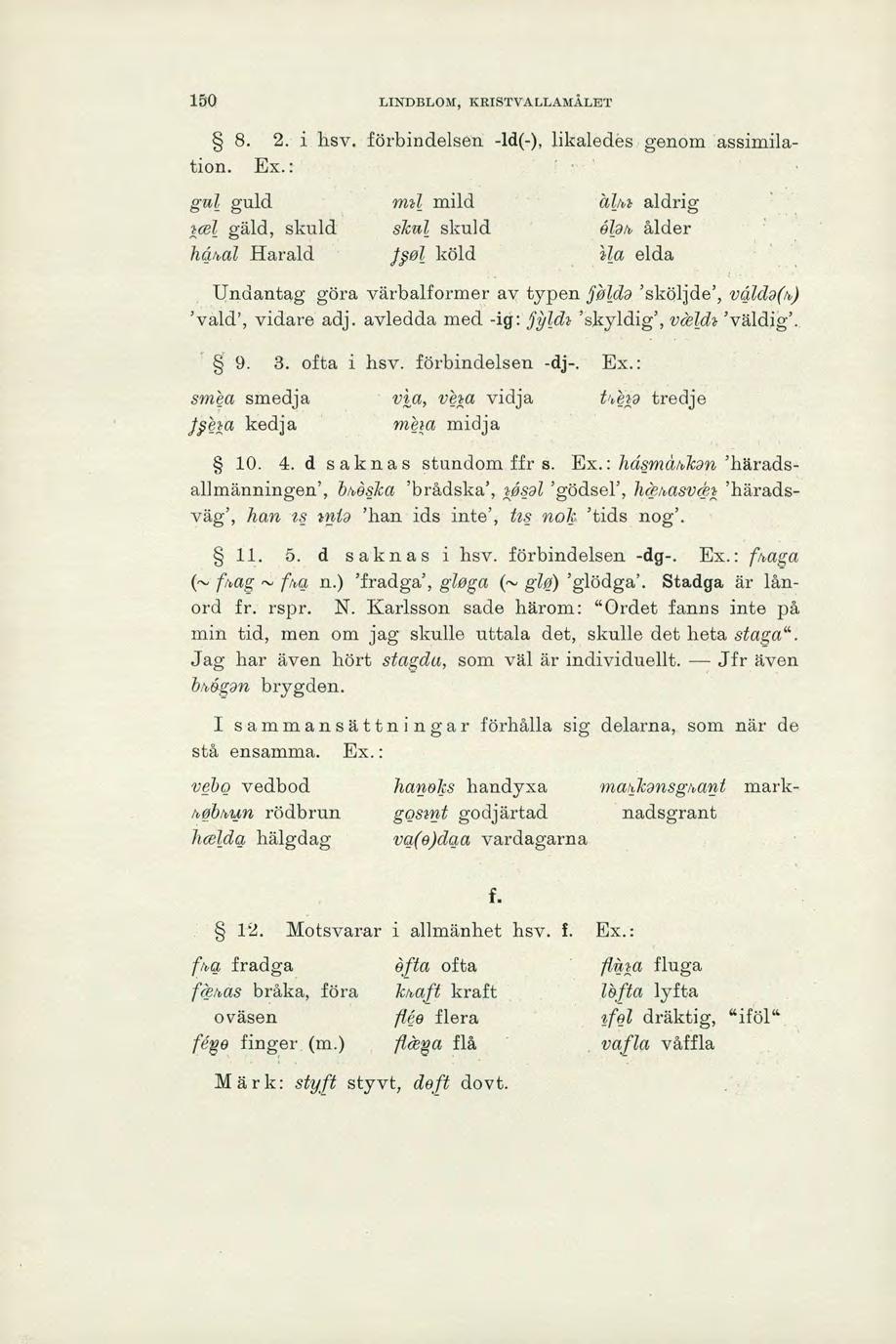 150 LINDBLOM, BRISTVALLAMÅLET 8. 2. i hsv. tion. Ex.: gul guld yel gäld, skuld hålbal Harald Undantag göra värbalformer av typen Plda 'sköljde', veda(4) 'vald', vidare adj. avledda med j'ych vckl.