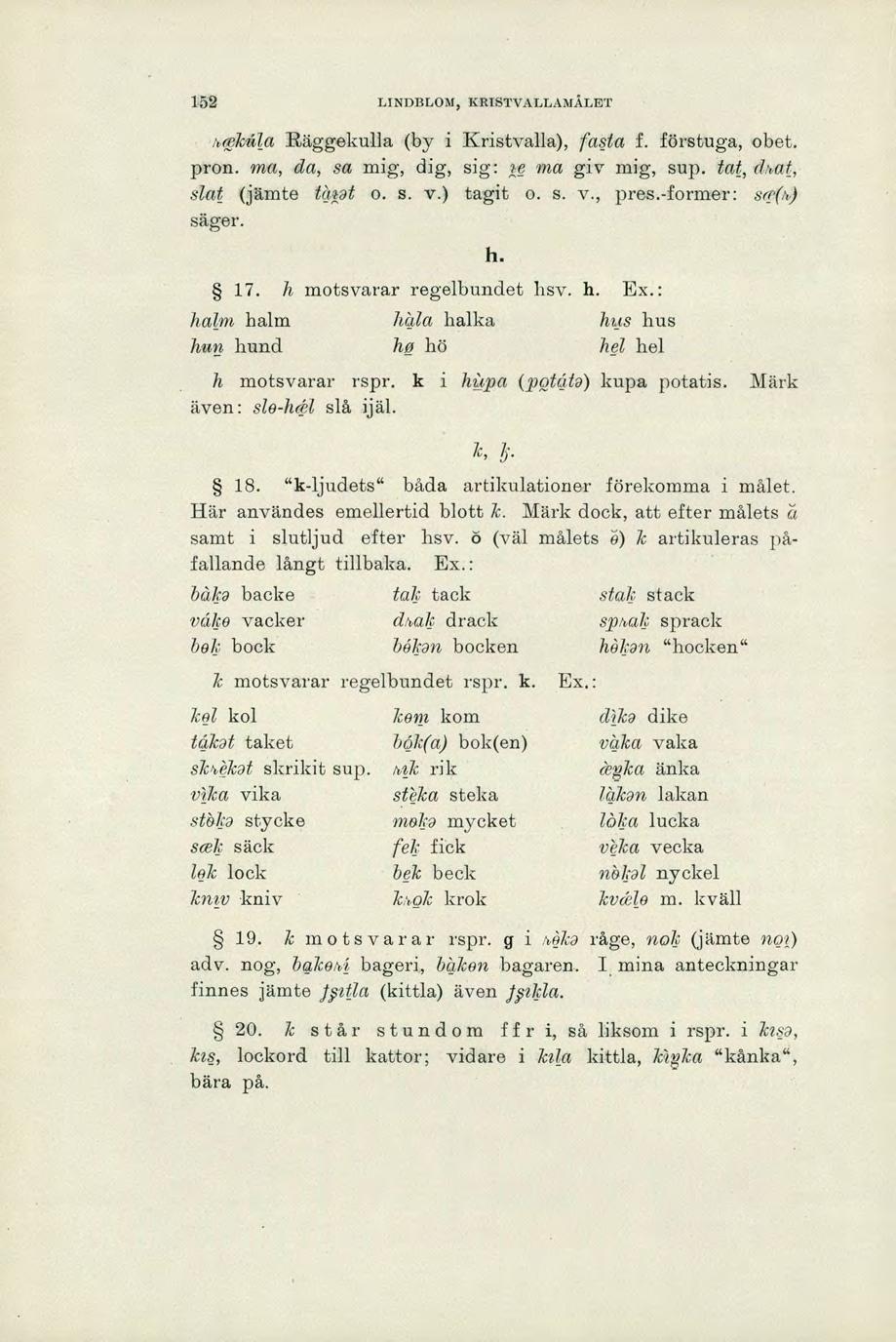 152 LINDBLOM, KRISTVÅLLAMÅLET mektila Räggekulla (by i Kristvalla), fasta f. förstuga, obet. pron. ma, da, sa mig, dig, sig: ma giv mig, sup. tag, dt, slat (jämte Mot o. s. v.) tagit o. s. v., pres.