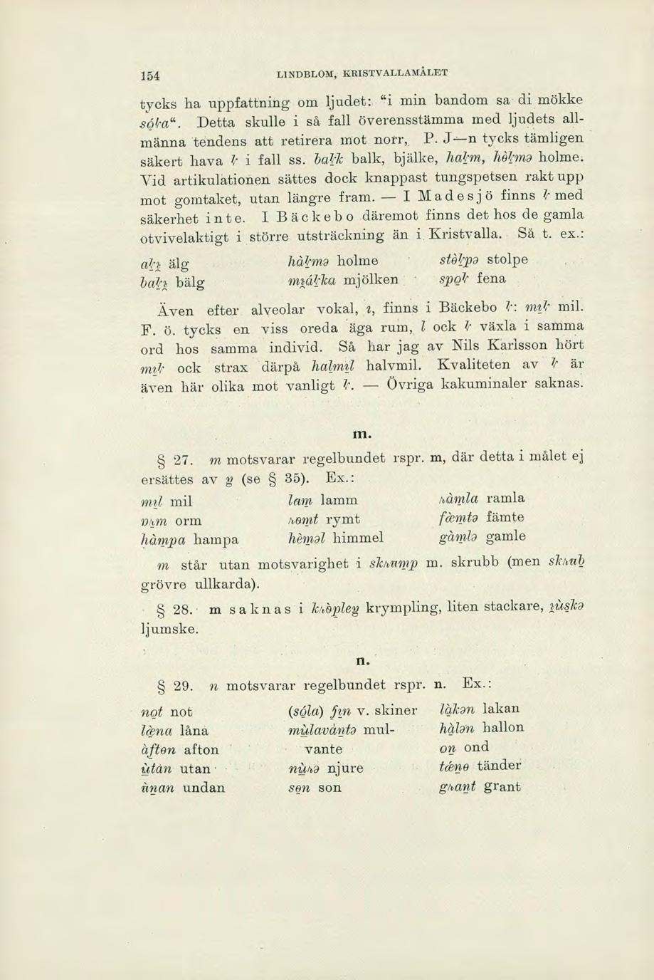 154 LINDBLOM, KRISTVALLAMÅLET tycks ha uppfattning om ljudet: "i min bandom sa di mökke söka". Detta skulle i så fall överensstämma med ljudets allmänna tendens att retirera mot norr, P.