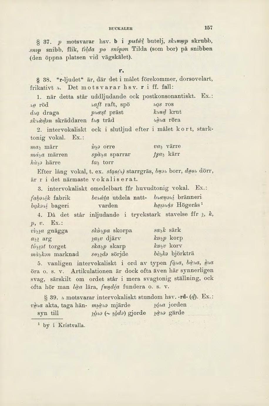 BUCKALER 157 37. p motsvarar hsv. b i pukel butelj, skkump skrubb,..sm.p snibb, flik, bida pe snipan Tilda (som bor) på snibben (den öppna platsen vid vägskälet). r. 38.