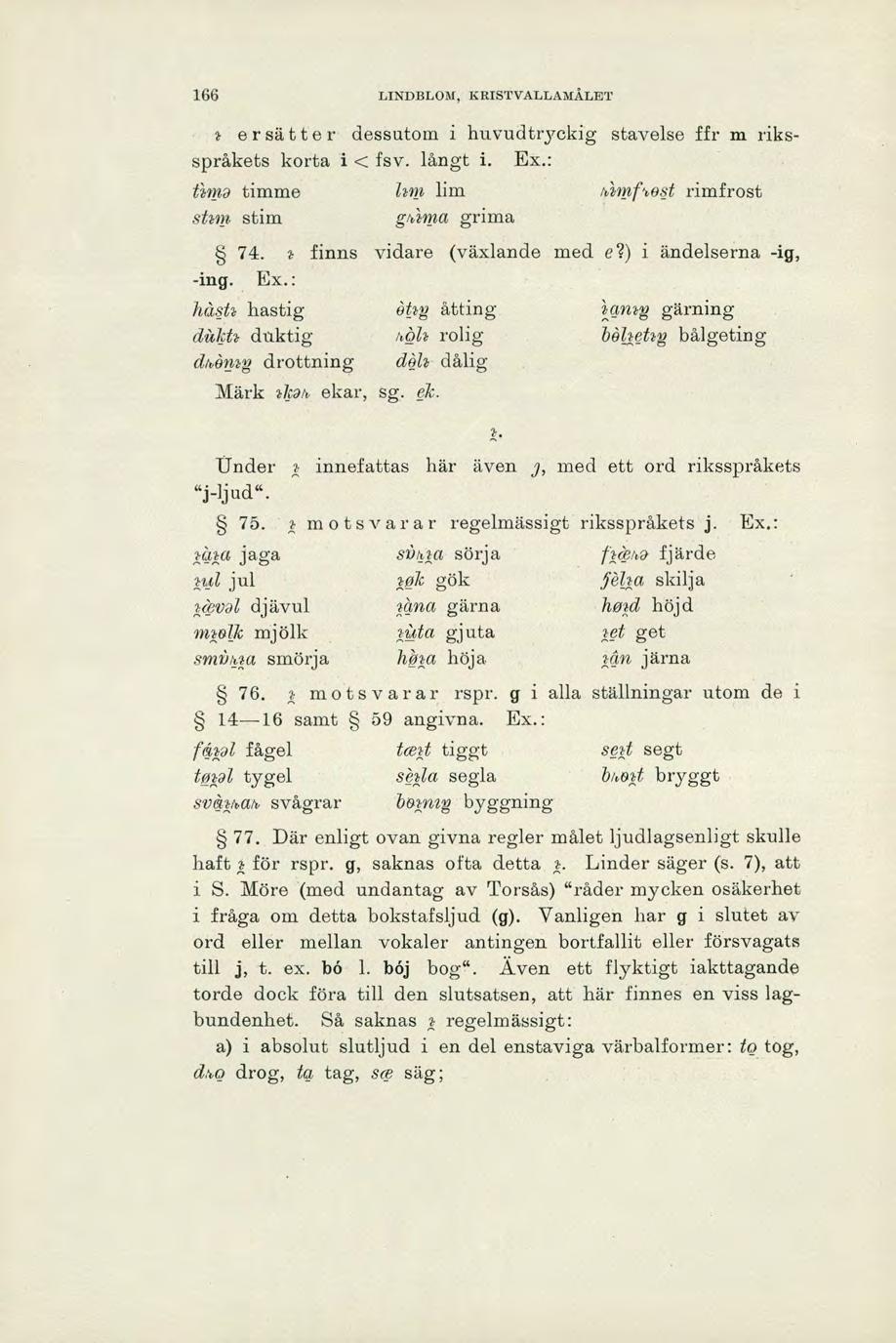 166 LINDBLOM, KRISTVALLAMÅLET ersätter dessutom i huvudtryckig stavelse ffr m riksspråkets korta i < fsv. långt 1. Ex.: titta timme hm lim 41nifbest rimfrost shty stim giiza grima 74. 'b finns -ing.